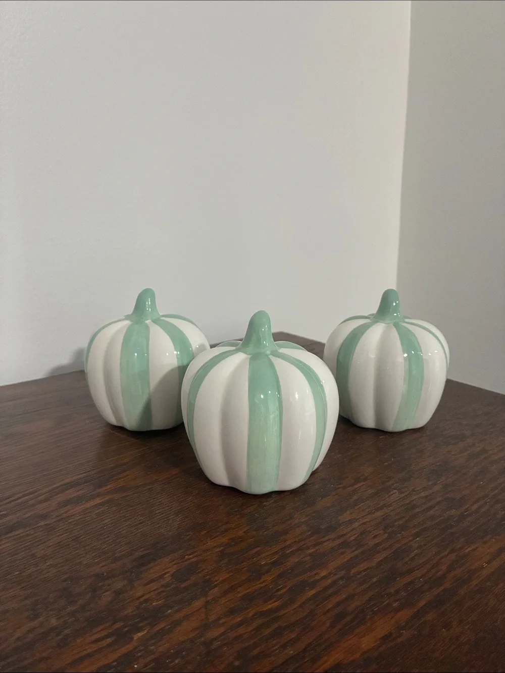 NWT- Set of 3- White & Mint Green Stripe Ceramic Pumpkins